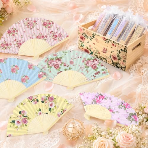 Aodaer 50 Pack Tea Party Favor Floral Printed Hand Fans with Organza Bags Bulk Wooden Storage Box Retro Pattern Paper Handheld Folding Fans for Spring Picnic Bridal Shower Wedding Bridesmaid Gifts - style: Tea Party
