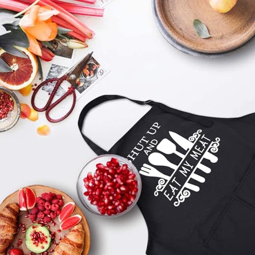 Rosoz Funny BBQ Black Chef Aprons for Men Adjustable Kitchen Cooking Aprons - color: Eat My Meat