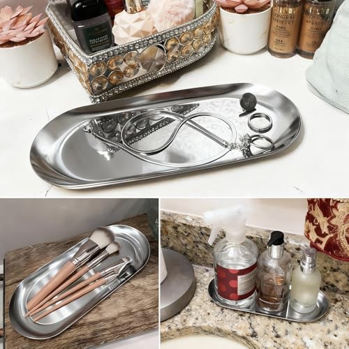 10 Pack 9 Inch Oval Stainless Steel Decorative Tray, Stainless Steel Tea Fruit Tray, 9 inch Silver Oval Trays for Bathroom Vanity, Jewelry, Perfume & Key Organizer (Silver) - size: 10 Pack 9 Inch