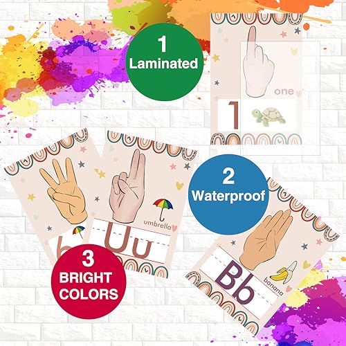 YIYDONG 36 Pieces ASL Alphabet Line Bulletin Board Set ABC Number Sign Language Flash Cards Wall Decorations for Pre-School Kindergarten Elementary Classroom Nursery Homeschool (Boho Rainbow) - color: Boho Rainbow