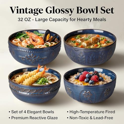 Artena Soup Bowls 32 OZ, Cereal Bowls Set of 4, Embossment Ceramic Ramen Bowl for Salad, Dinner, Pho, Noodle, Pasta, Snacks, Dishwasher Microwave Safe, 6.3 Inch, Willow Leaf, Blue - color: Blue (Willow Leaf), size: 32 OZ