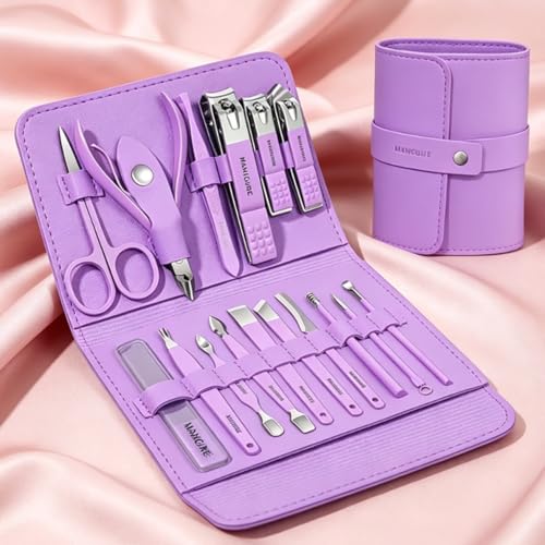 16 Pieces Stainless Steel Manicure Kit, Manicure Set Professional for Women Nail Care Tools, Toenail Scissors Tools with Leather Travel Bag (Purple)