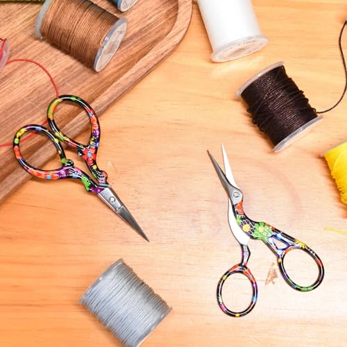AQUEENLY Embroidery Scissors Vintage 2 Pcs Stainless Steel Stork Scissors Small Sewing Scissor Sharp 3.6 Inches Crochet Scissor for artwork, Threading, Needlework, Black Flower Style - color: Black Flower