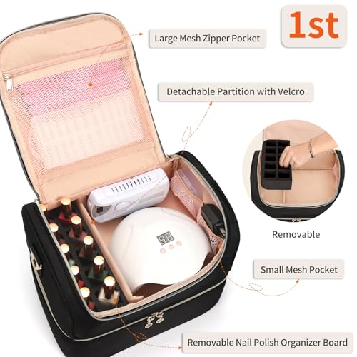 CUBETASTIC Nail Polish Organizer, Portable Nail Polish Storage Case Holds 45 Bottles Nail Polish & Nail Lamp, Travel Nail Supplies Organizer for Nail Tech Kit & Manicure Tools - color: Black, size: 45 Slots