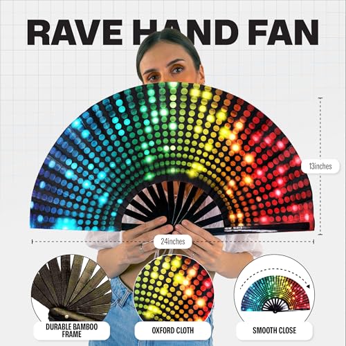 SoJourner Bags Bright Lights Rave Fan - Large Folding Clack Fan for Men and Women - Rave Accessories for EDM, Line Dancing, Cosplay, Concerts and More - color: Bright Lights