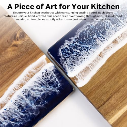 Ocean Resin Charcuterie Board, Acacia Wood & Resin Cutting Board, Decorative Serving Platter for Cheese, Fruit, Snacks, Beach Themed Kitchen Gift for Party, Holiday, Birthday（blue） - color: blue ocean