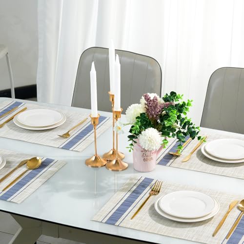 Placemats Set of 6，Non-Slip PVC Weave Table Mats Easy to Clean，Heat Resistant Place Mats for Kitchen Dining Table Decoration Indoor Outdoor，Khaki Blue - color: Khaki Blue
