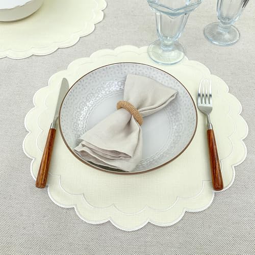 Linen Cotton Placemats Set of 4 Scalloped Flower Embroidery Place Mats 15'' Natural Linen Texture Fabric Machine Washable Table Mats for Restaurant Kitchen,Table Decor(Butter Yellow) - color: Butter Yellow