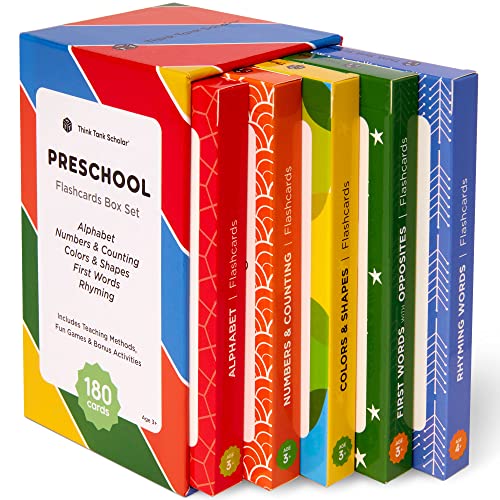 Award-Winning Flash Cards for Preschool & Kindergarten – 5-Deck Set, 180 Jumbo Cards – Learn Alphabet, Numbers, Colors, Shapes, First Words, Opposites & Rhyming – for Kids Ages 3–5