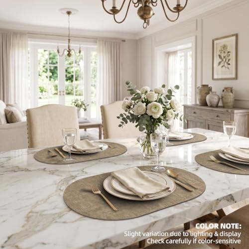 Oval Placemats Set of 6, 17.7 x 11.8 Inch Faux Leather Place Mats, Washable Wipeable Non Slip, Heat Resistant Waterproof Table Mats for Dining Table, Kitchen, Indoor Outdoor Light Coffee - color: R-light Coffee