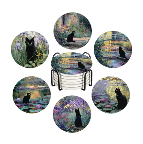 Drink Coasters for Drinks Set of 6, Water Lilies Art and Black Cat Absorbent Round Ceramic Stone Mat Coaster, with Cork Base and Metal Holder, Home Bar Decor House Warming Gift - color: Black Cat 2