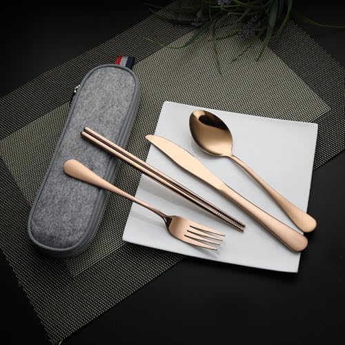 DEVICO Travel Utensils with Case, 5 Piece Portable Silverware Set for Work - color: Rose Gold