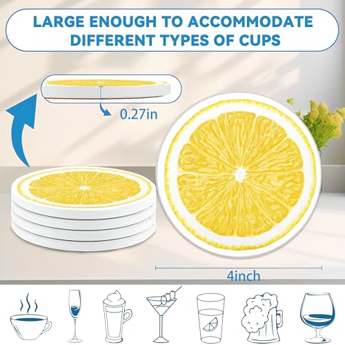 Drinks Coasters Set of 4, Lemonade Round 4" Cup Coasters, Absorbent Ceramic Stone Coasters with Cork Base, Cute Coasters for Table Home Décor, Ideal Gifts for Women Men - color: Lemonade