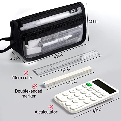 Four Candies Grid Mesh Pencil Case, Clear Double-layer with Handle (Black) - color: Black