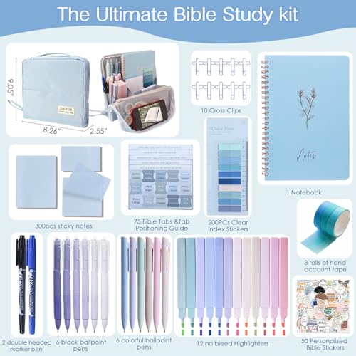 J6&H6 170Pcs Complete Bible Study Supplies, Bible Journaling Kit, Foldable Pencil Case with 75 Tabs,12 Pastel Bible Highlighters More Bible Accessories Set for Women, Beginner Christian Gifts (Blue) - color: Blue