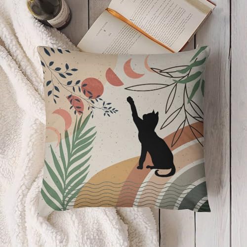 Mid Century Moon Cat Pillow Covers Retro Black Cat Leaves Sun Moon Boho Abstract Geometric Arch Home Decor Sofa Bedroom Cushion Outdoor Indoor Decorations 16 "x16 - color: Cat-6, size: 16" x 16" (Pack of 2)
