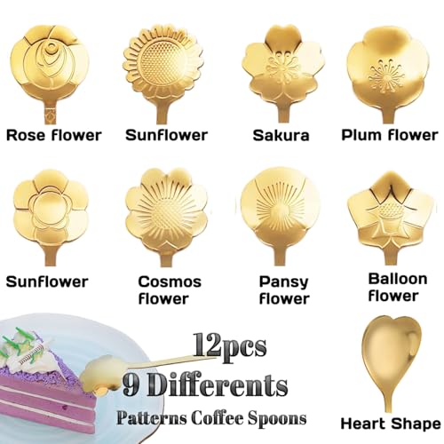 12 Pcs Flower Coffee Tea Spoons Set with Storage Bag, 4 Long & 8 Short Stainless Steel Teaspoons for Sugar Dessert Ice Cream Stirring, Cute Fancy Tableware for Tea Party Kitchen Cafe Bar(Gold) - style: Gold