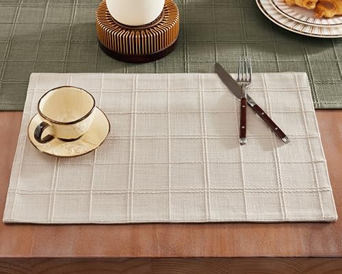 ZeeMart Linen Checked Farmhouse Placemats Set of 4, Neutral Beige 13x19in - color: Beige, size: Set of 4