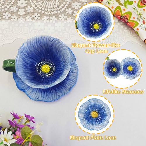 10 oz Tea Cups and Saucers, Ceramic Flower-shaped Cappuccino Cup, Latte Cup and Saucer set, elegant floral Espresso Cup set, Suitable for microwave and dishwasher-Pink - color: Pink