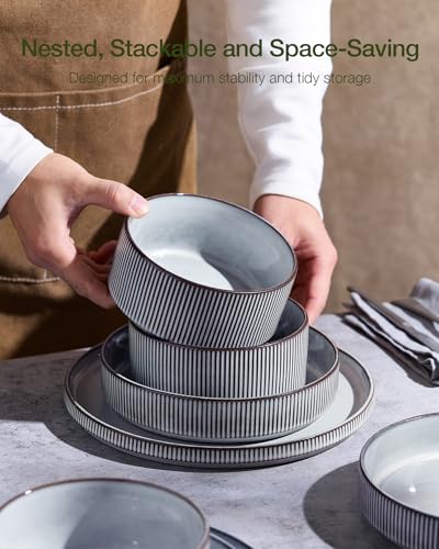 Famiware Star Stoneware Dinnerware Sets for 8, Reactive Glaze Plates, Bowls - color: Smoky Blue