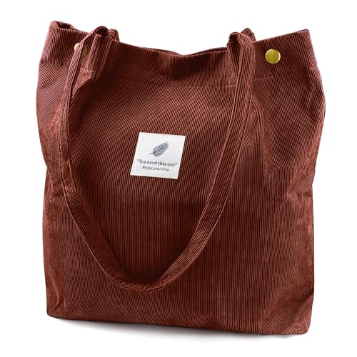 Ayieyill Corduroy Tote Bag for Women Canvas Shoulder Cord Purse with Inner Pocket - color: Brown