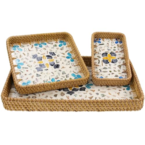 Rectangle Rattan Serving Tray with Mother of Pearl Inlay, Handmade Wicker Coffee Table Basket for Fruit Bread Food Tea Party Picnic Table Kitchen Home Boho Decor 3 Sizes (Turkish Blue) - color: Turkish Blue