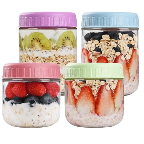 SHOWIN Overnight Oats Containers with Lids, Glass Jars with Lids 4 pcs, Candy, Wide Mouth Mason jars for Salad, Yogurt, Snacks, Meal Prep - color: Candy, size: 10&16oz-4pc