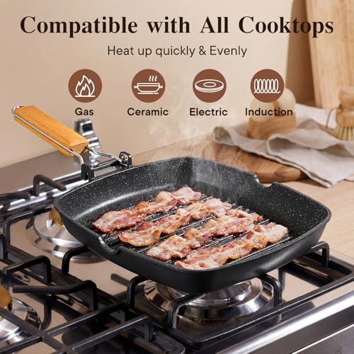 GiPP Nonstick Grill Pan with Folding Handle,Square Grill Skillet, Grilling Pan with Pour Spouts, Versatile Griddle Steak Pan for All Stove,PFOA Free, 9.5 Inch - size: 9.5"*9.5"