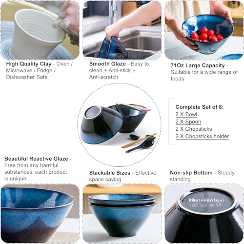 Large Ramen Bowls Set of 2, 71 oz Ceramic Noodle Bowls, Spoon & Chopsticks - color: Reactive Blue, size: 71 Oz