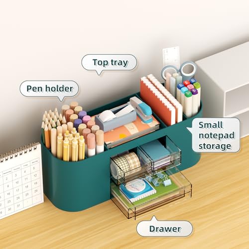 Marbrasse Pen Holder for Desk with 3 Drawers, Multi-Functional Pencil Holder, Desk Organizers and Accessories with 7 Compartments for Home, School, Classroom (Dark Green) - color: Dark Green