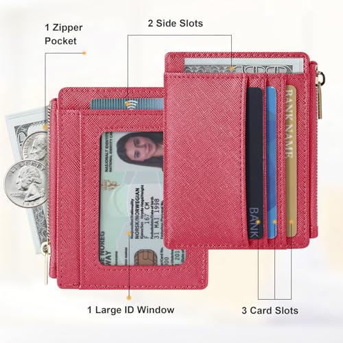 Sodsay Card Case Slim Front Pocket Wallet for Women Credit Card Holder with Keychain | Slim, Credit Card Holder, Front Pocket, with Keychain - color: CH Rose Red