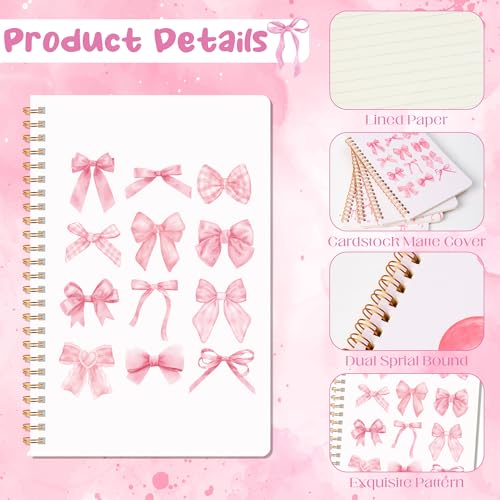CNhoqc Pink Spiral Journal Notebook, 4Pcs A5 Watercolor Coquette Bow Cherry - color: 4-Pcs Pink Bow-A