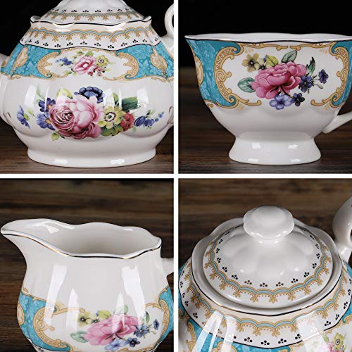 fanquare 15 Pieces European Retro Rose Tea Set,English Flora Tea Set for Adults,Porcelain Coffee Set
