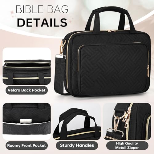 Bible Cover Case for Women Bible Study Supplies Christian Gifts for Women Church Camp Essentials Christian Bible Journaling Kit Quilted Large Bible Cover with Durable Handle (Black, Large) - color: Black
