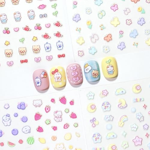 Okiyomi Cute Nail Stickers for Kids, 3D Kawaii, 4 Sheets, 289 Decals - color: 5d Baby Animals