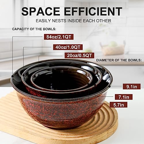 HASENSE Ceramic Mixing Bowls, Large Serving Dishes Set of 3 for Cooking, Baking, Prepping, Porcelain Nesting Bowls for Salads, Fruit, Popcorn, Cereal, 2.1/1.0/0.5 Qt, Dishwasher & Microwave Safe, Red - color: Red, size: 20+40+84 Ounce