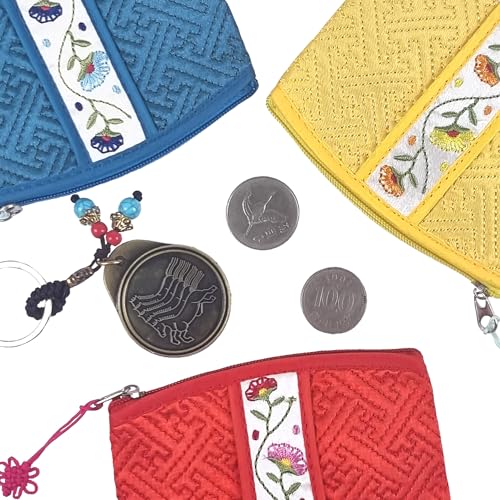 Seoulful Vintage Korean Embroidered Card Pouch - Wildflower Design Coin Purse with Butterfly Charm - Traditional Korean New Year & Chuseok Gift (Red) - color: Red