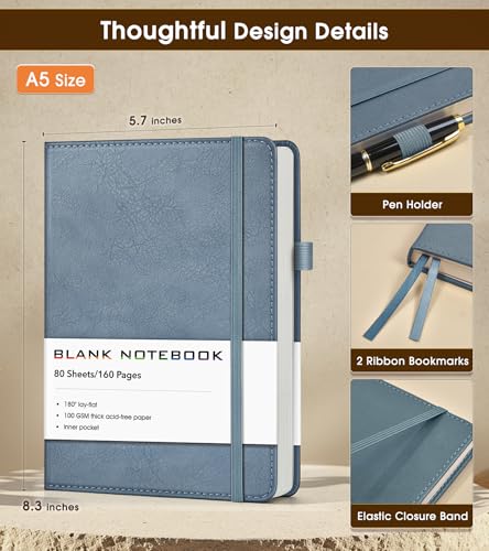 Journal Notebook, A5 Leather Hardcover Blank Sketchbook, 160 Pages, 180° Lay-Flat Binding, 100 GSM Thick Paper, for Sketching, Drawing, Art Journaling & Creative Writing (DustyBlue) - color: Dusty Blue, size: Plain