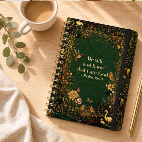 Christian Lined Spiral Notebook, Pretty Hardcover Journal 6'' x 8.4'', Bible Verse Prayer Notebook for Women, Psalm 46:10 Gift - color: garden-green