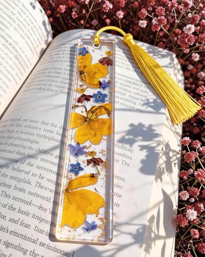 Buleens 2PCS Bookmarks for Women - Purple Yellow Book Marks for Readers Book Lovers, Personalized Handmade Dried Flower Resin Pressed Flowers Bookmark with Tassels, Pretty and Aesthetic - color: Purple Yellow