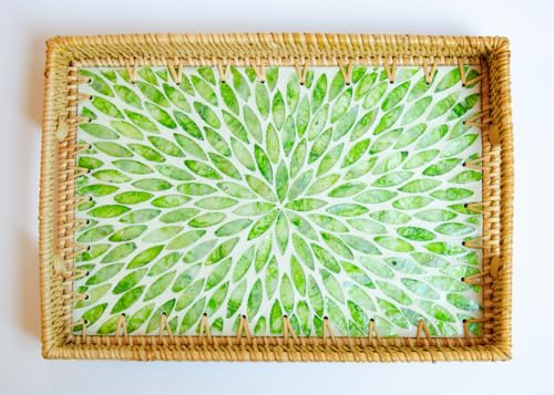 Magenta & Teal Decorative Rectangle Rattan Serving Tray 13x9 inch Mother of Pearl Inlay, Wicker Coffee Table Decor, Farmhouse (Green Petals) - color: Green Petals