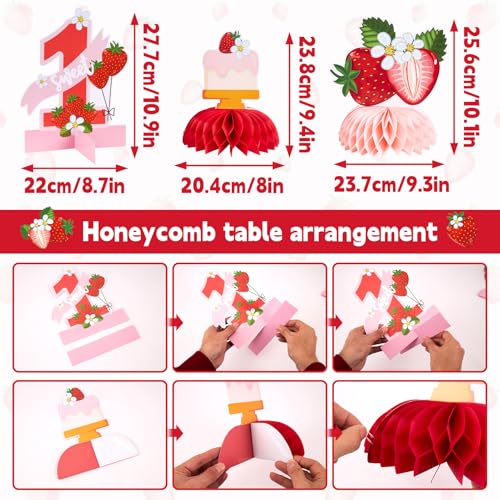 Paper Jazz Strawberry Birthday Party Decoration, Strawberry Decoration with Happy Birthday Banner and Berry Swirls, Strawberry Theme Party Supplie For First Birthday Girl Table Backdrop - color: Pink And Red