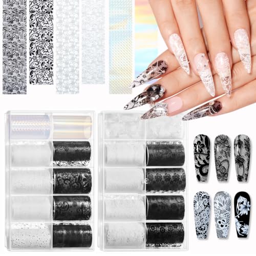 Modelones 20 Rolls Lace Nail Foil Transfer Aurora Flower Nail Art Stickers - color: White Black Aurora