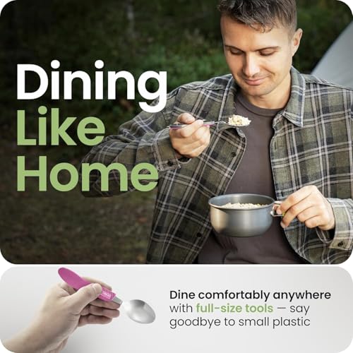 Orblue 4-in-1 Camping Eating Utensils, 2-Pack - Portable Spoon, Fork, Knife & Bottle Opener Combo Set - Stainless Steel Flatware with Detachable Fork - Travel, Backpacking Cutlery Multitool, Hot Pink - color: 2-PACK Hot Pink