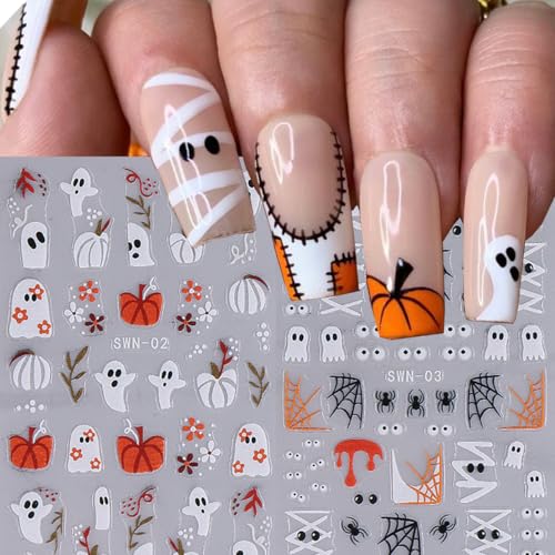 Halloween Nail Art Stickers Decals 5D Embossed Halloween Nail Decals 4PCS Ghost Bandage Eye Ball Spider Web Pumpkin Nails Design Adhesive Stickers Manicure Supply for Women DIY Nail Art Decorations - style: style6