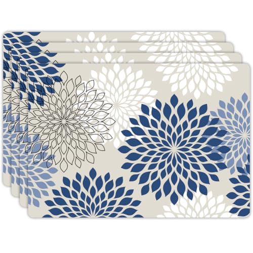 Peacoblue Placemats Set of 4,Faux Leather Blue Dahlia Flowers Design - style: Blue Dahlia Flowers