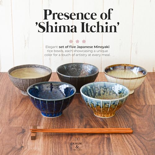 Set of 5 Japanese Ceramic Striped Ichichin Rice Bowls, Deep Soup & Eating Bowls with Distinctive Three-Dimensional Lines,Convenient, Stackable, for Cooking Prep & Serving (White) - color: White