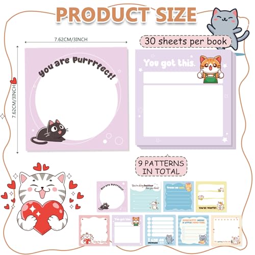 9 Pcs Cute Cat Sticky Notes, Fun Kawaii Cat Self-Adhesive Notes for Women Man, Inspirational Positive Sticky NotePads for Teacher Students Office Worker Animal Lovers Gift - color: Cute Cat