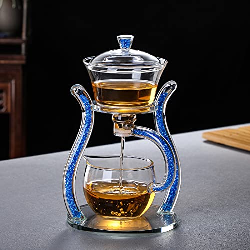 RORA Glass Teapot Set Semi Automatic Drip Rotating with Infuser Lazy Kungfu Tea pot Set (Blue) - color: Blue, size: teapot
