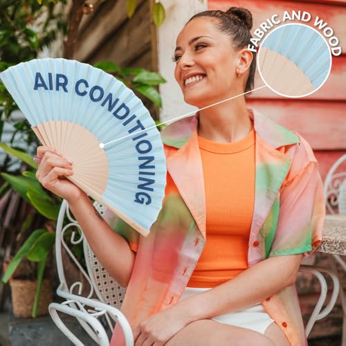 Fisura – Original folding fan with message “Air Conditioning”. Wooden handheld fan for women. Lightweight accessory for raves, weddings, parties, birthdays, festivals and unique gift ideas. - color: Air Condiditioning, Blue